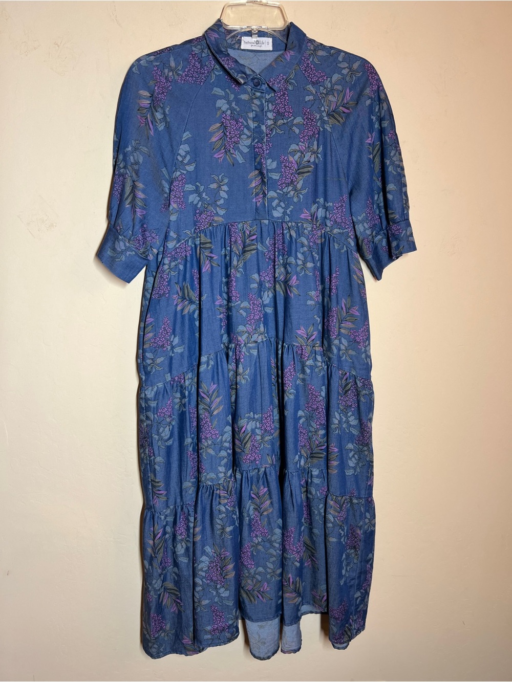 NATURAL LIFE Blue Floral Button-Front Tiered Midi Dress